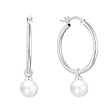JO WISDOM Pendientes de Aro de perla Plata de ley 925 Mujer con 8mm Perla de Concha