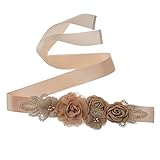 Amervie Cinturón de faja con flores perlas de diamantes de imitación para novia de boda/vestido de baby shower, caqui, talla única